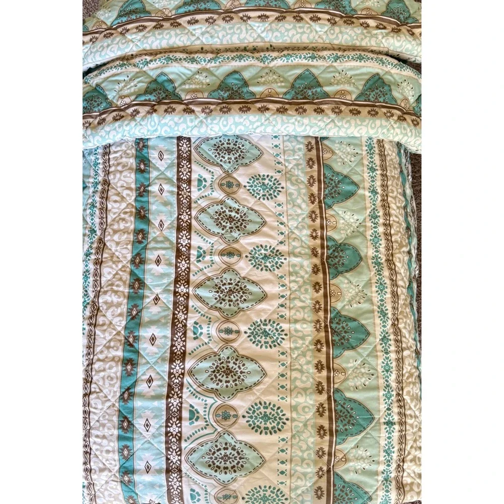 Sanctuary Quilt King Teal Brown White Boho Geometric Medallion Bedding 3 Piece